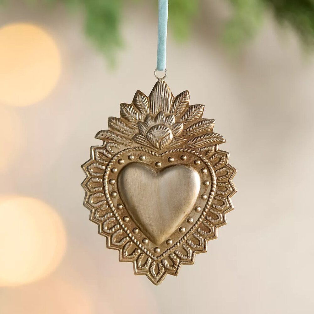 Anthropologie Terrain Gilded Silver Heart Medallion Christmas Ornament